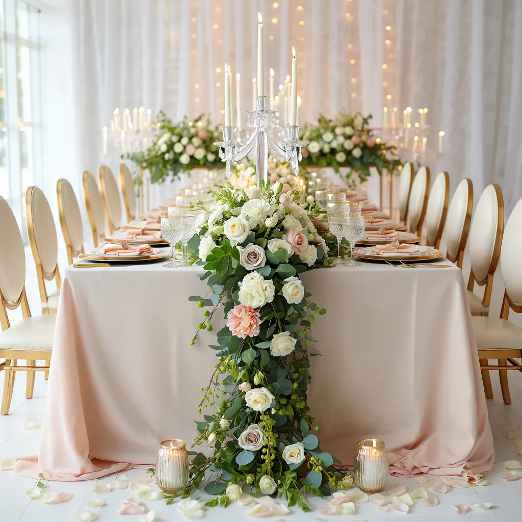 Elegant event decoration setup with floral arrangements