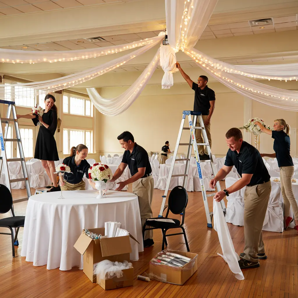 Our decoration team setting up an event venue