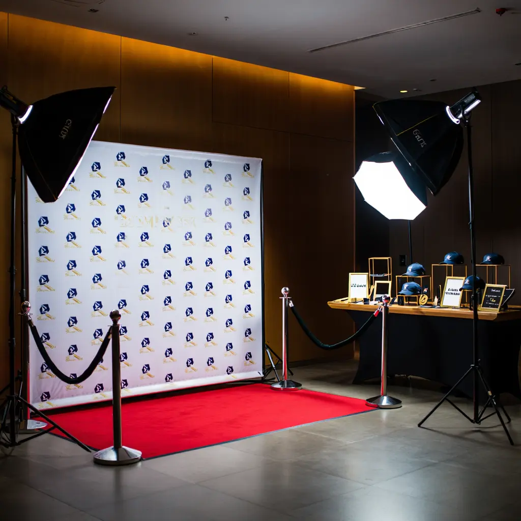 Corporate event photo zone with branded backdrop
